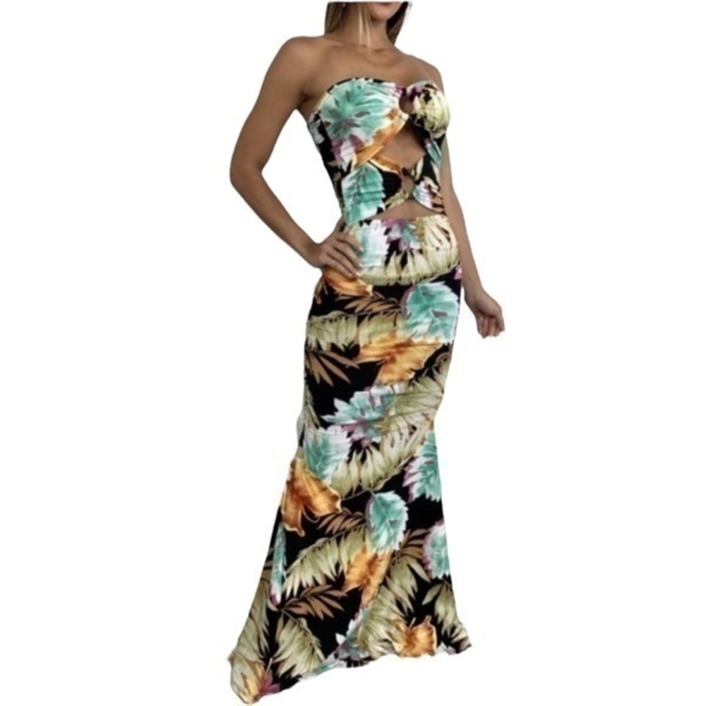Maxi Hawaiian Leaf Strapless Ruched Multicolor Mermaid Evening Dress Size M